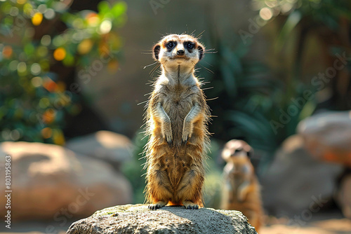 A curious meerkat standing alert on its hind legs, its watchful gaze scanning the horizon top view