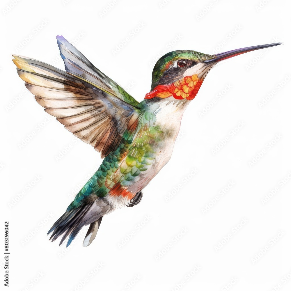 Fototapeta premium Hummingbird mid-flight, its iridescent feathers highlighted with watercolor, set against a stark white background to draw attention to its beauty.