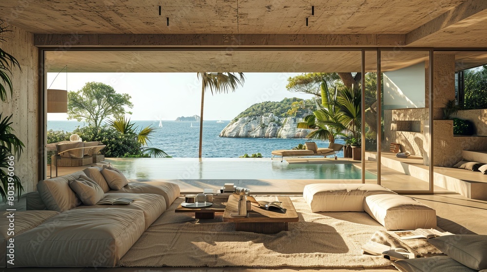 Obraz premium Modern luxury villa living room with infinity pool and ocean view