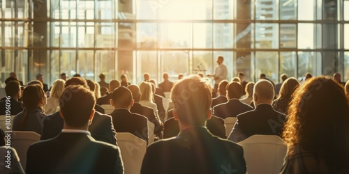 Business conference with diverse attendees in a modern setting