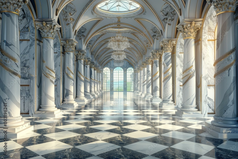 ornate hallway with marble columns and checkered floor