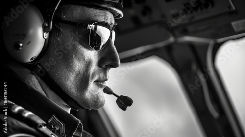 Black and white image of a pilot operating a helicopter