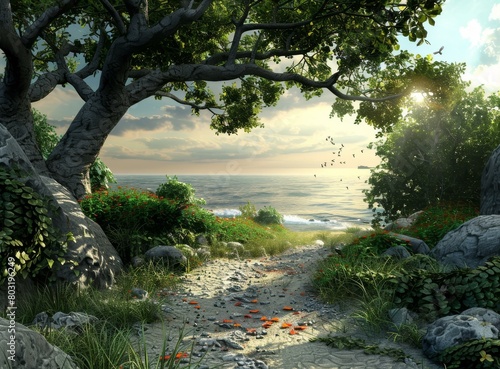 fantasy landscape with a large tree and a path leading to the sea