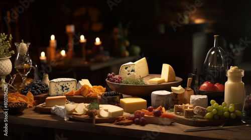 Gourmet Cheese Board with Candles and Fresh Fruit. Generative AI