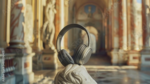 Modern headphones on a classical statue in an opulent historic room