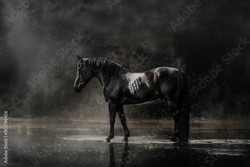 A horse stands in the water against a dark background