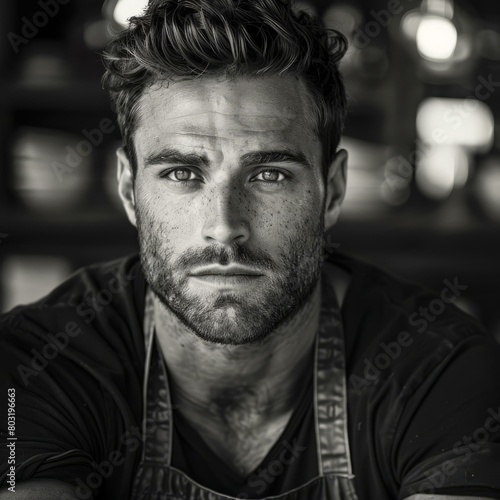 Black and white portrait of a handsome male model with dark hair and light eyes