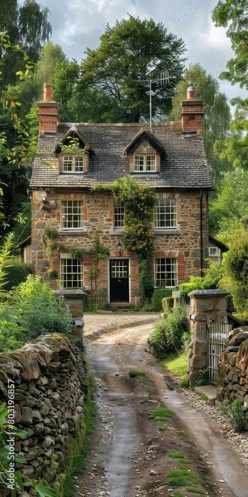Fototapeta premium Charming English country cottage with stone walls and a slate roof