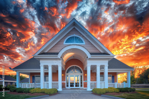 New construction clubhouse under a fiery sunset sky, with a white porch and gable roof featuring a semi-circle window. photo