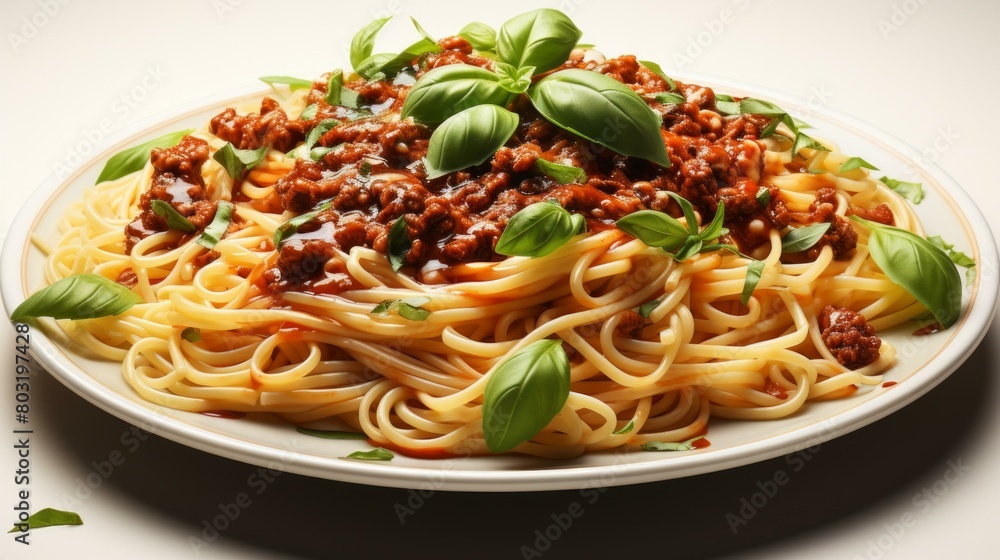 A plate of spaghetti with tomato sauce and basil A plate of spaghetti with tomato sauce and basil