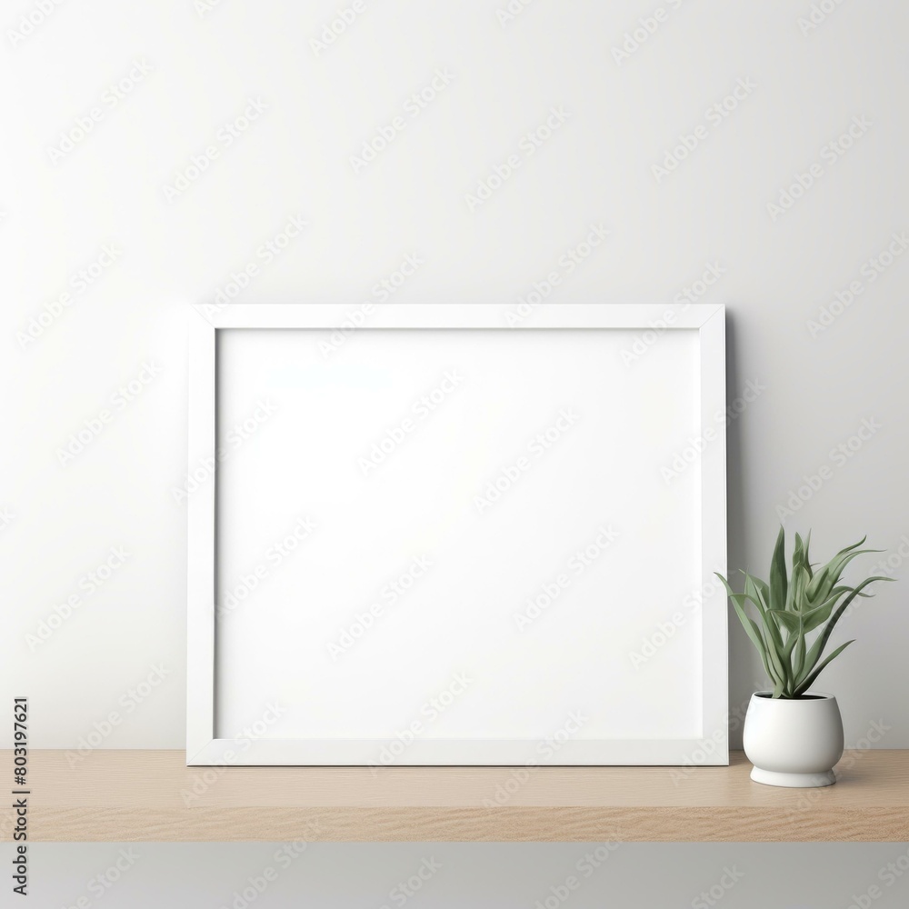 White frame mockup with a potted plant on a wooden shelf White frame mockup with a potted plant on a wooden shelf