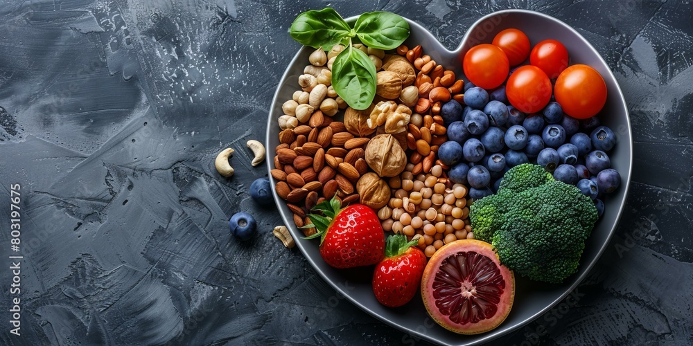 A variety of healthy food ingredients arranged in a heart-shaped bowl A variety of healthy food ingredients arranged in a heart-shaped bowl