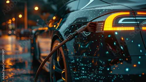 A close-up of a futuristic EV charging port being connected to a sleek electric car, highlighting sustainable transportation. photo