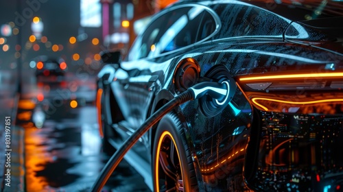 A close-up of a futuristic EV charging port being connected to a sleek electric car, highlighting sustainable transportation.