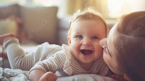 Mother playing with laughing baby girl lying on living room at home. --ar 16:9 Job ID: cfae5598-27d5-4b80-a95e-93a6aac3822f photo