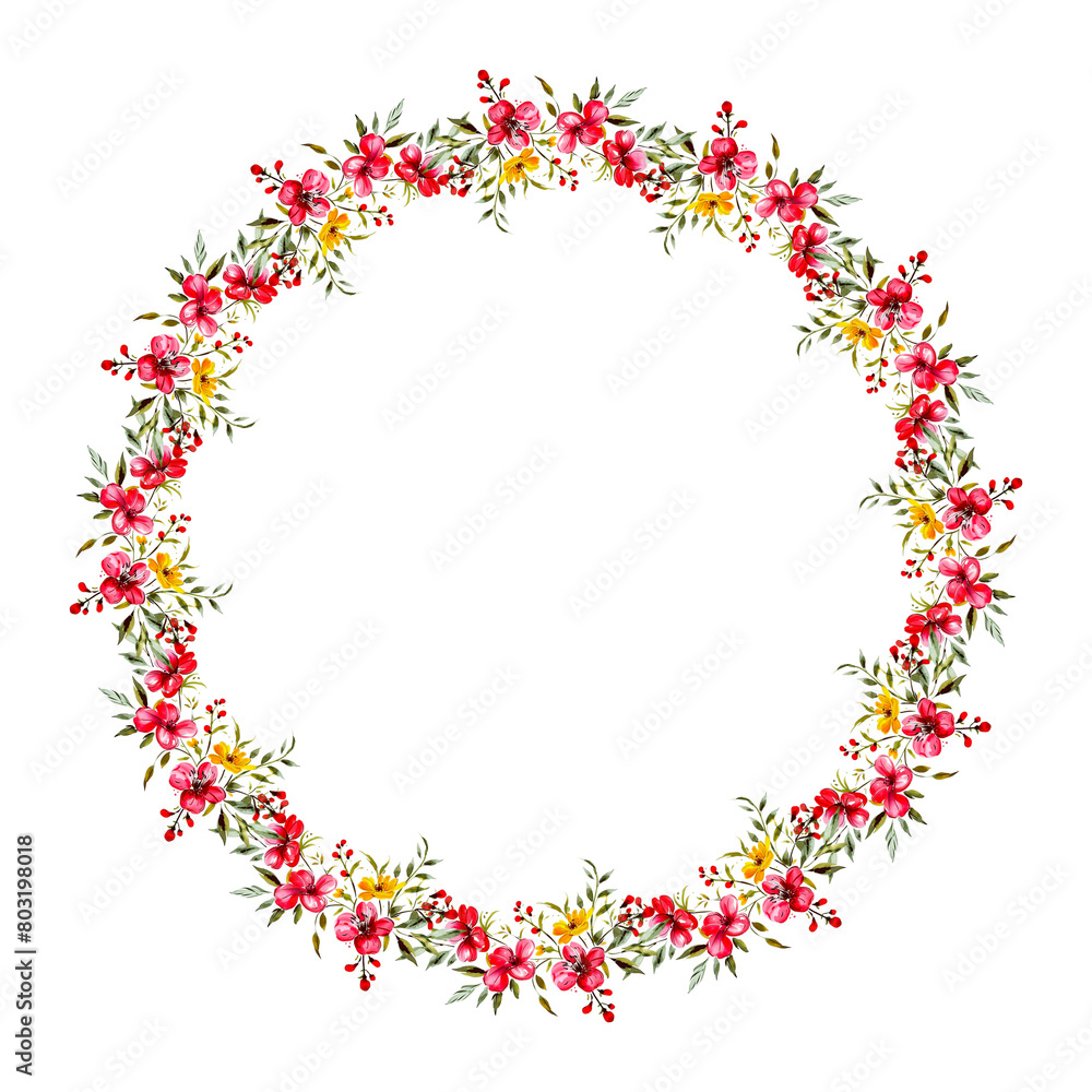 Watercolor floral wreath with red and yellow flowers, transparent png