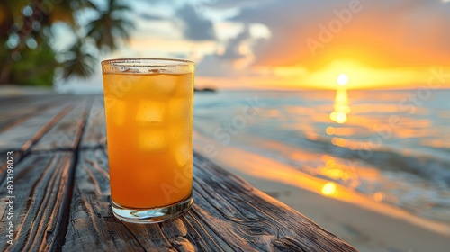 Row of fresh summer cocktails on a tropical beach