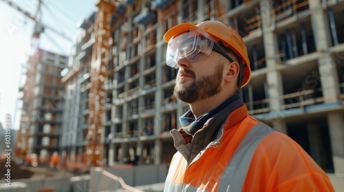 A civil engineer using augmented reality glasses to inspect construction plans on-site, ensuring precision and efficiency.