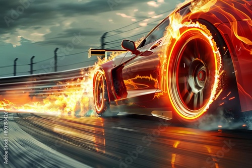 dramatic car racing scene spinning wheel burning rubber blazing fire and smoke highspeed motorsport action © Lucija