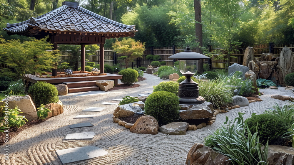 A serene Japanese garden with meticulously manicured landscapes, featuring an hourglass as a reflection of harmony and balance. A serene Japanese garden with meticulously manicured landscapes, featuring an hourglass as a reflection of harmony and balance.