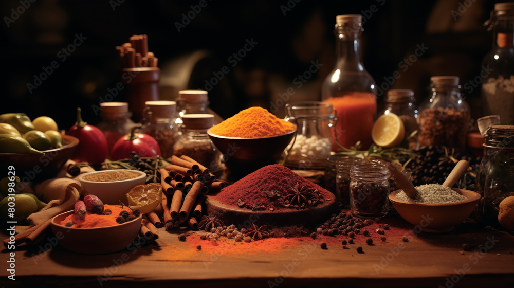 Rustic Culinary Spices and Ingredients Setup. Generative AI