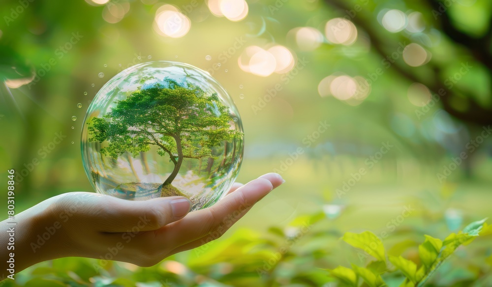 A hand holding a glass globe with a tree inside, representing the concept of environmental protection and living in an eco-friendly world A hand holding a glass globe with a tree inside, representing the concept of environmental protection and living in an eco-friendly world