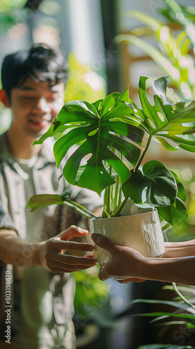 Man Sharing a Monstera Plant in a Bright Indoor Setting
