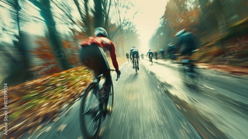 Cyclist in action: a dynamic shot of a professional racer breaking away from the pack on a rural road