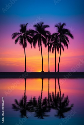 Palm trees at sunset with a pink sky and purple water
