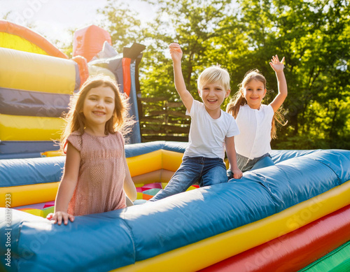 children happy group of kids playing inflatable bounce house on sunny summer vacation day © OceanProd