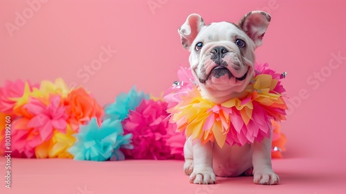 Joyful Bulldog Cheerleader Pom Pom Display in Vibrant Pastel Studio Setting photo