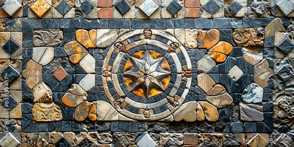 A mosaic artwork made of small pieces of colored marble and limestone tiles.