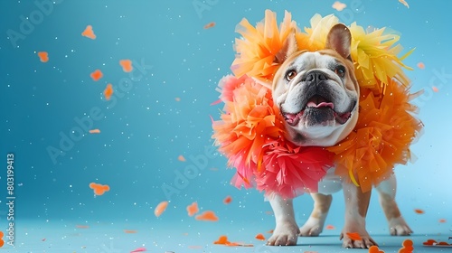 Surreal Bulldog Cheerleader on Pastel Backdrop with copy space for text