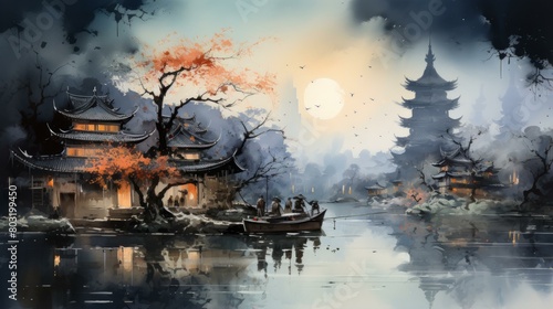 An illustration of a Chinese village on a river with a boat and people fishing