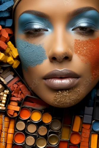 Close-up of a woman s face with colorful makeup and jewelry