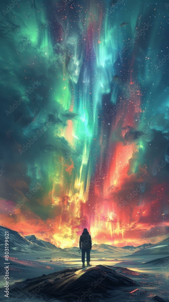 Aurora borealis landscape with a person standing on a rock in the foreground Aurora borealis landscape with a person standing on a rock in the foreground