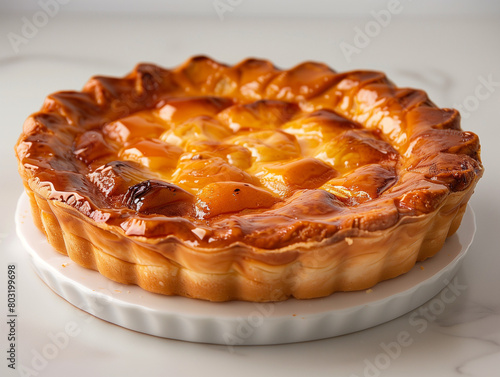 Flan pâtissier aux abricots frais, tarte pâtissière aux fruits, clafoutis sur un arrière-plan blanc, recette française photo