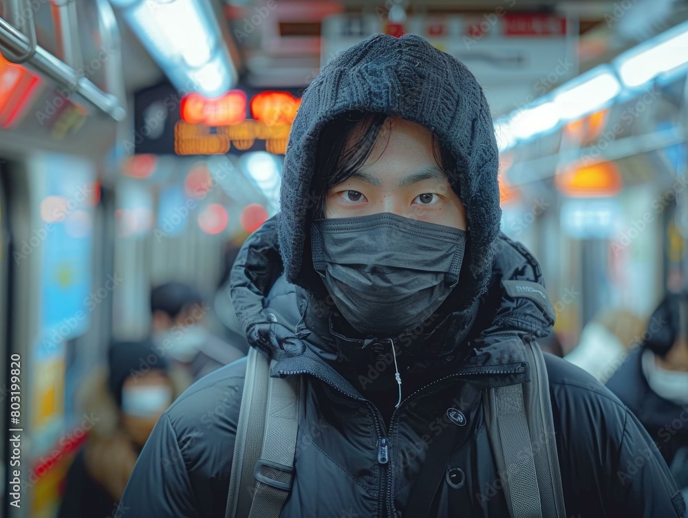 A young man wearing a mask on a subway train A young man wearing a mask on a subway train