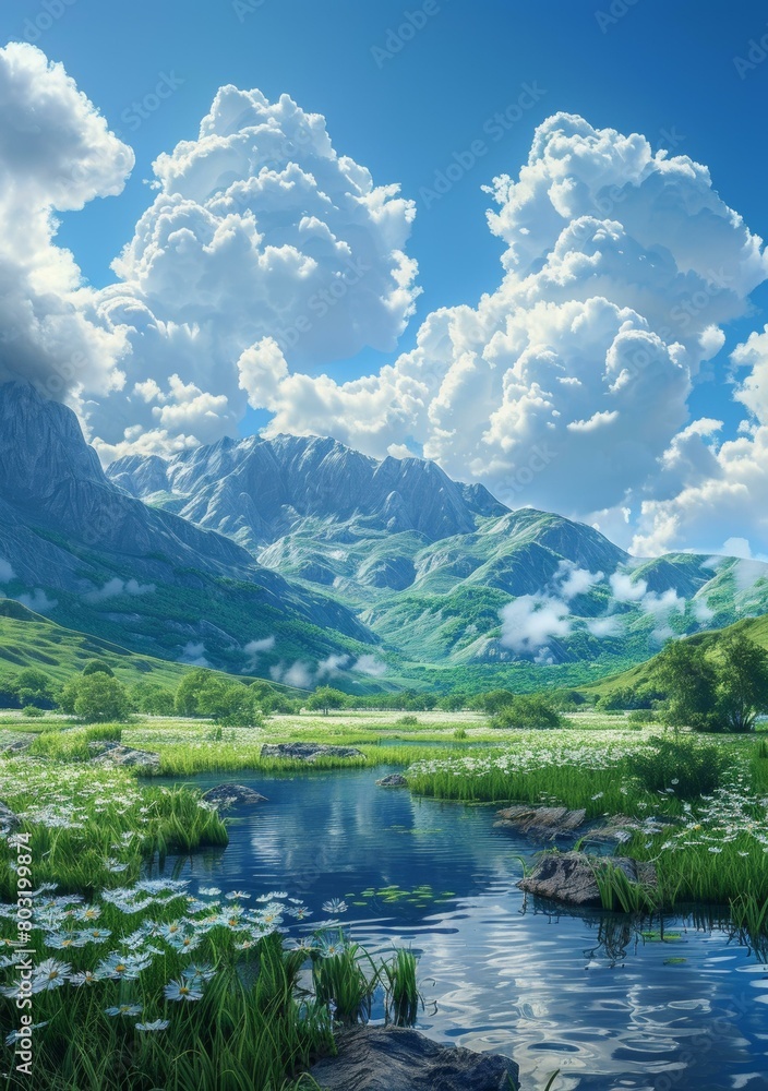 The river flows through the valley between the mountains The river flows through the valley between the mountains