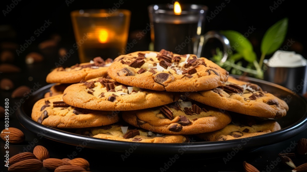 A plate full of chocolate chip cookies A plate full of chocolate chip cookies