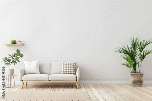 A living room featuring a comfortable couch and a potted plant in a corner