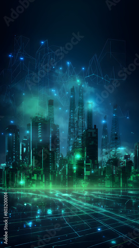 Smart Grid Energy System with Green Power Lines and Blue Electricity and Energy Meter on Dark Background