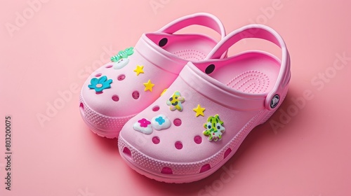 cute new rubber adult crocs, solid color background, minimalist style, hd photography. slippers have cute designs and stickers on the top surface