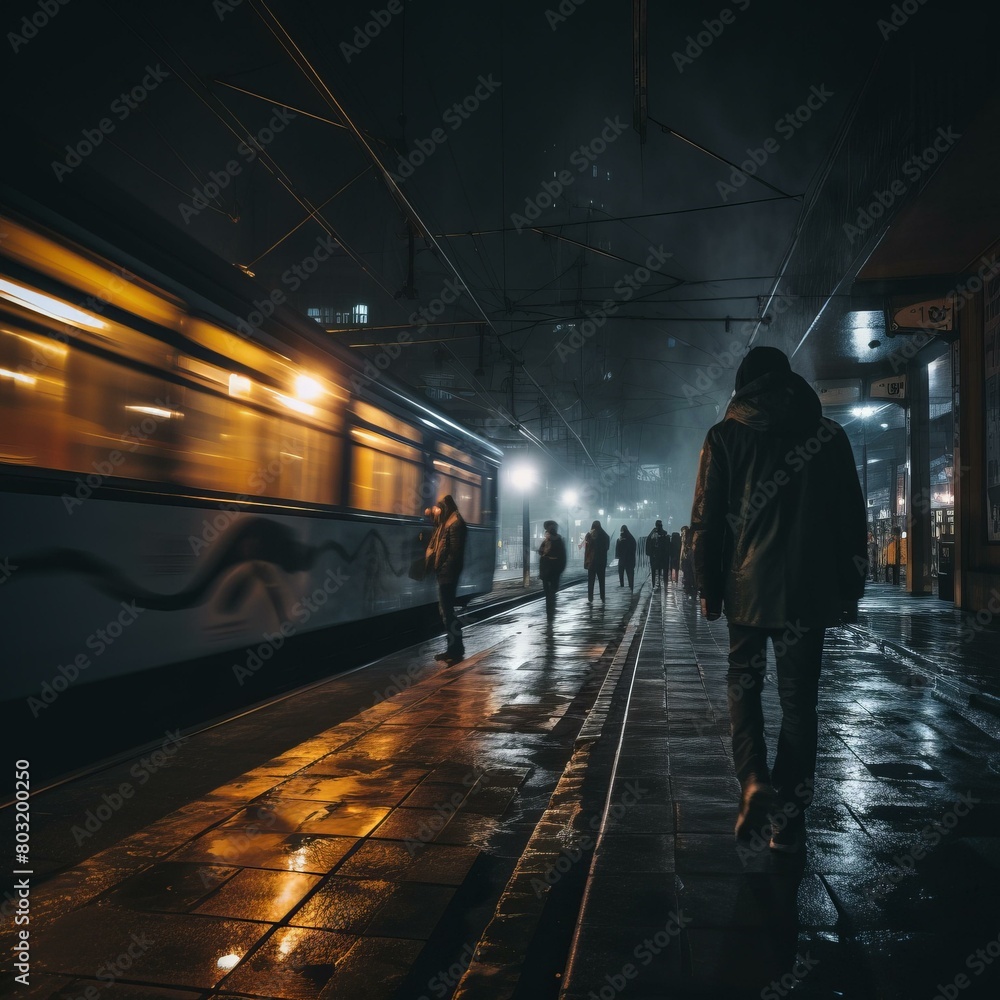 A lone figure walks along a deserted city street at night, illuminated by the lights of a passing train. A lone figure walks along a deserted city street at night, illuminated by the lights of a passing train.