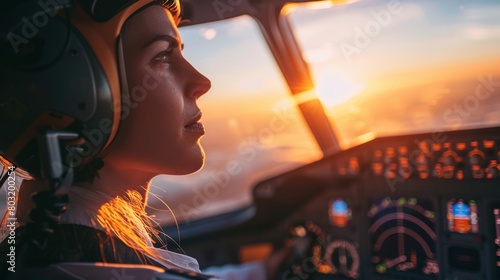 A woman pilot navigating a plane in the cockpit during sunset photo
