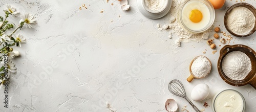 Easter bakery theme with a selection of baking essentials like sugar, butter, yogurt, eggs, and flour arranged from a top view, with empty space for text.