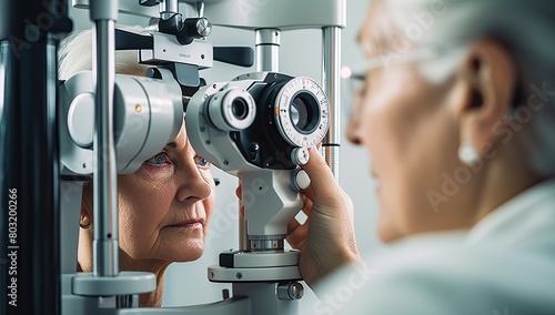 A woman is getting her eyes checked by a doctor