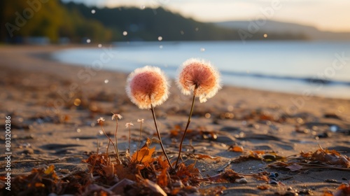 Two pink fluffy dandelions on a sandy beach at sunset