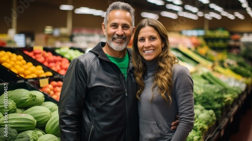 A couple smiling in a grocery store