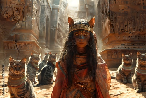 Young Acolyte Serving the Goddess Bastet in a Mystical Temple Sanctuary photo